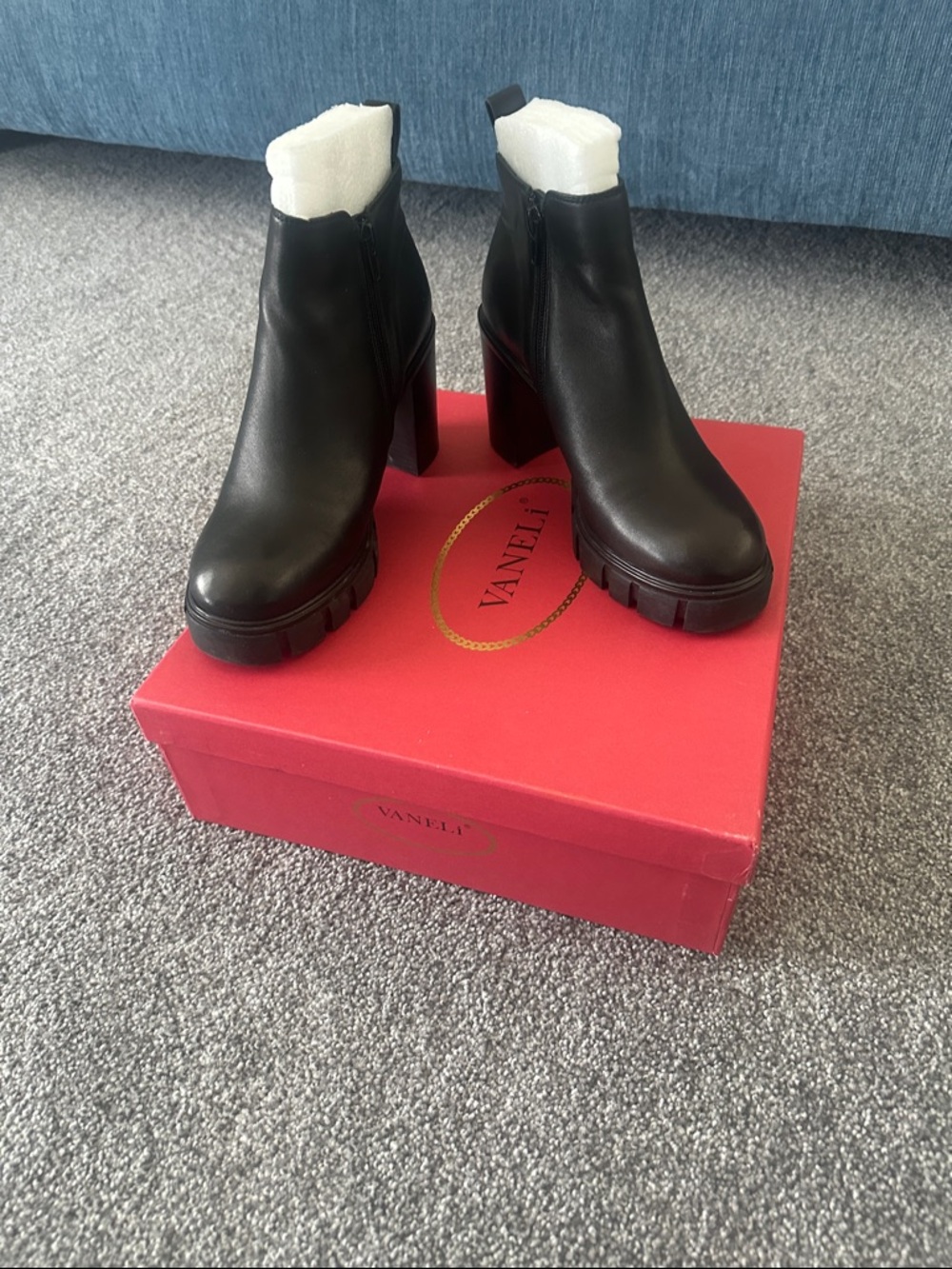 Vaneli Black Leather Chunky Heel Chelsea Booties